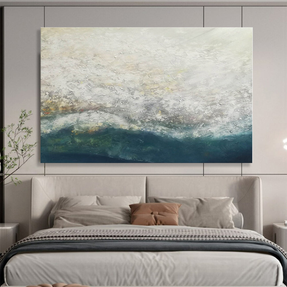 Large Size White and Teal Abstract Ocean Wave Painting WB081