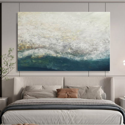 Large Size White and Teal Abstract Ocean Wave Painting WB081