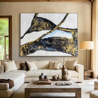 Black, Gold, Blue Abstract Shapes Painting, Abstract Acrylic Art WB009