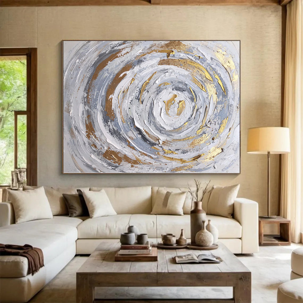 Hand-Painted Gray, White, and Gold Abstract Swirl Painting For Sale HS058