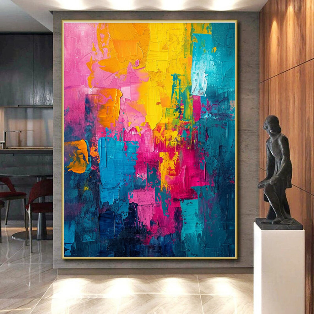 Unique Abstract Art Pink, Yellow & Teal Colorful Blocks, Acrylic Modern Art Painting HS224