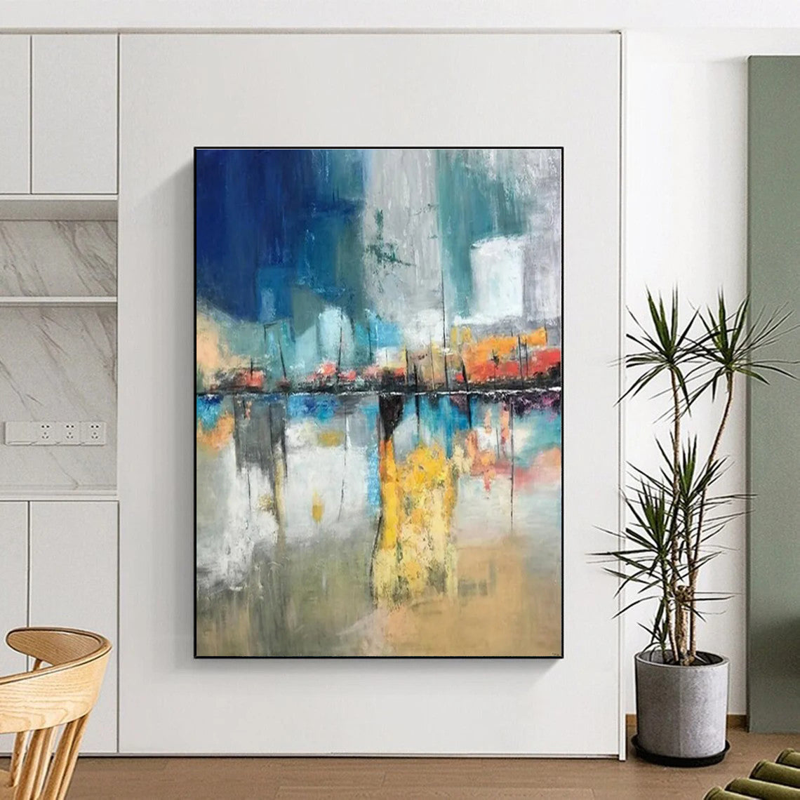 Acrylic Modern Art Paintings Blue, Gray, and Orange Dynamic Abstract Painting On Canvas HS806