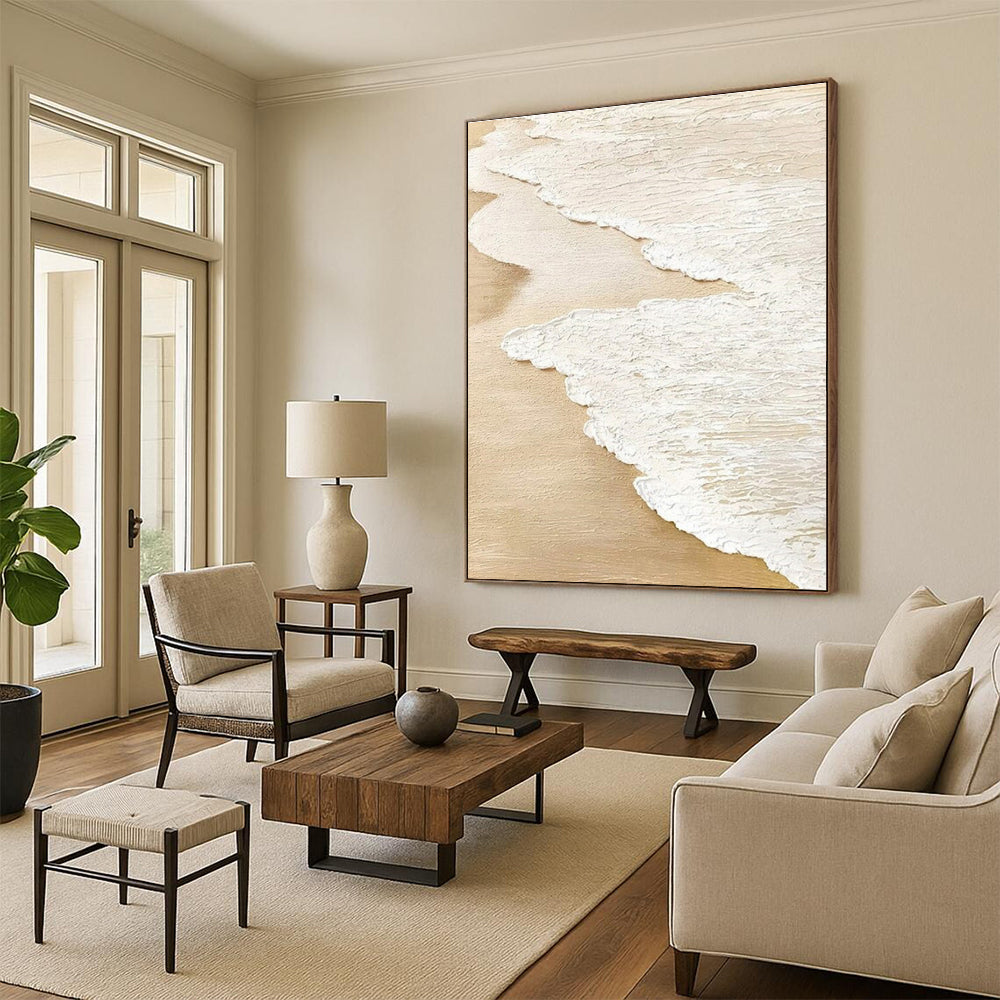 Handmade Art Beige and White Textured Abstract Landscape HS679