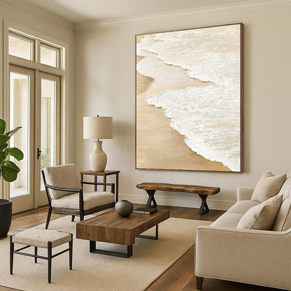 Handmade Art Beige and White Textured Abstract Landscape HS679