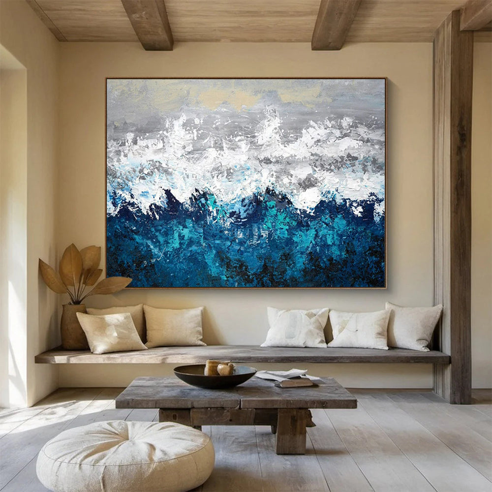 Contemporary Abstract Art: Blue Grey and White Textured Wave Abstract Painting WB370