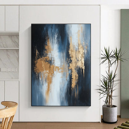Large Size Blue, Black, and Gold Abstract Textured Painting For Sale HS115