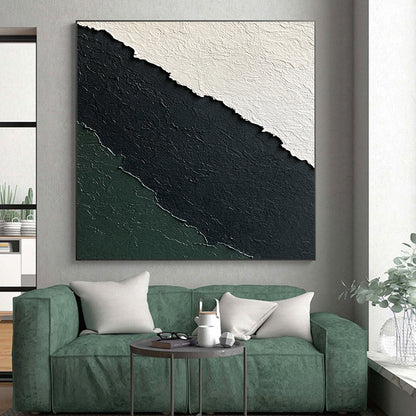 Hand-Painted Black, White, and Green Textured Layered Abstract Art HS181