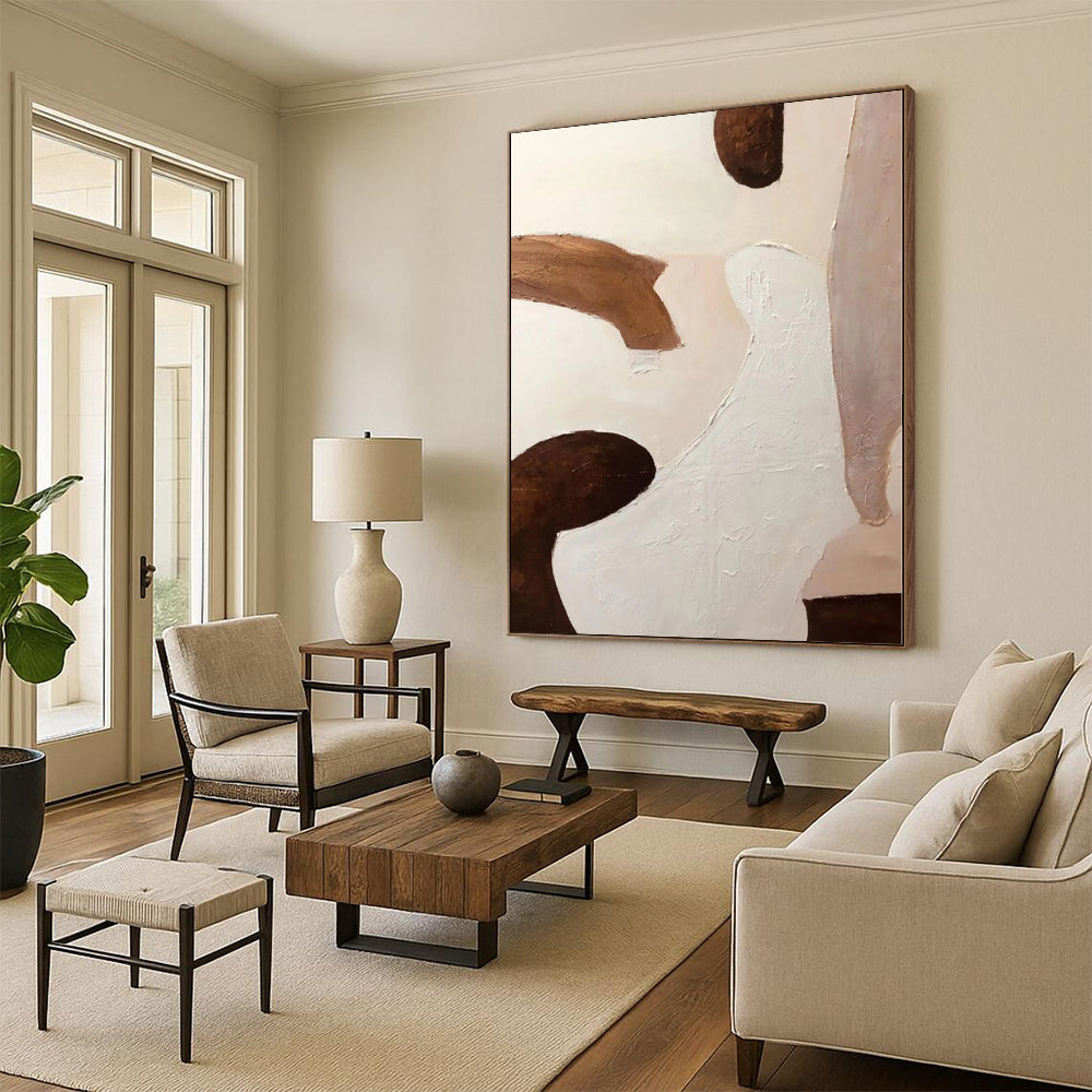 Hand-Painted Brown, White, and Beige Abstract Shape Painting For Sale HS040