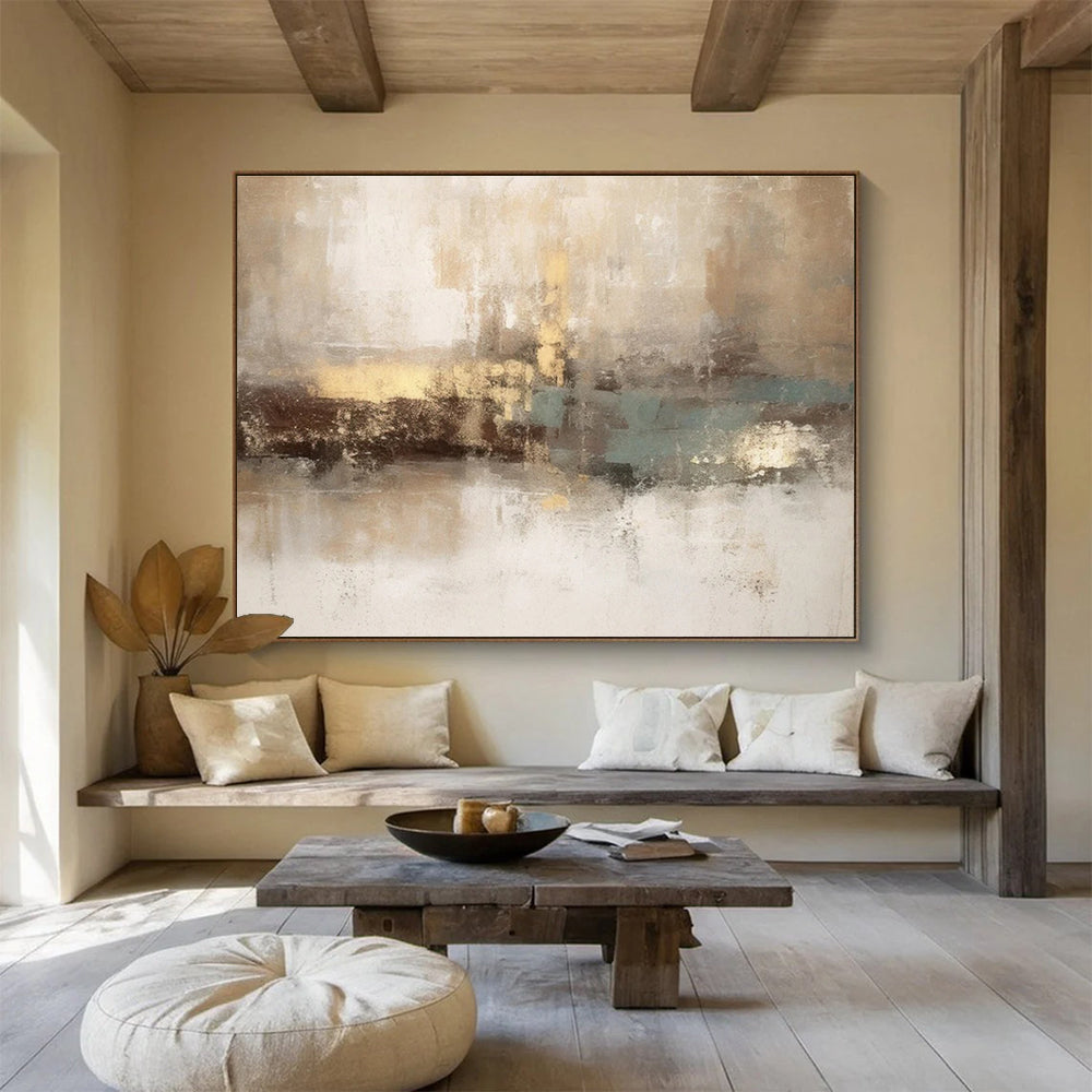 Horizontal Big Size Beige, Brown and Teal Abstract Landscape Painting WB201