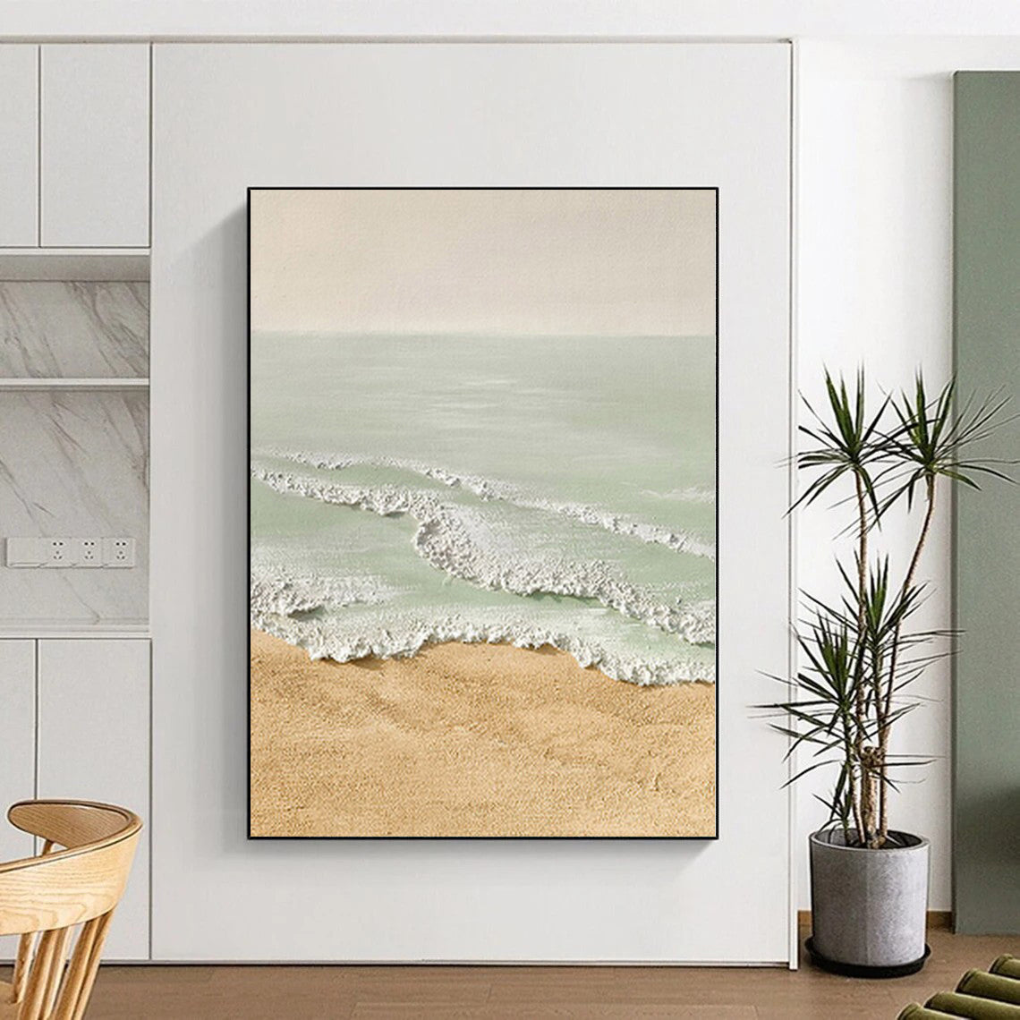 Gaint Canvas Art Beige and Green Abstract Seaside Painting For Sale HS075