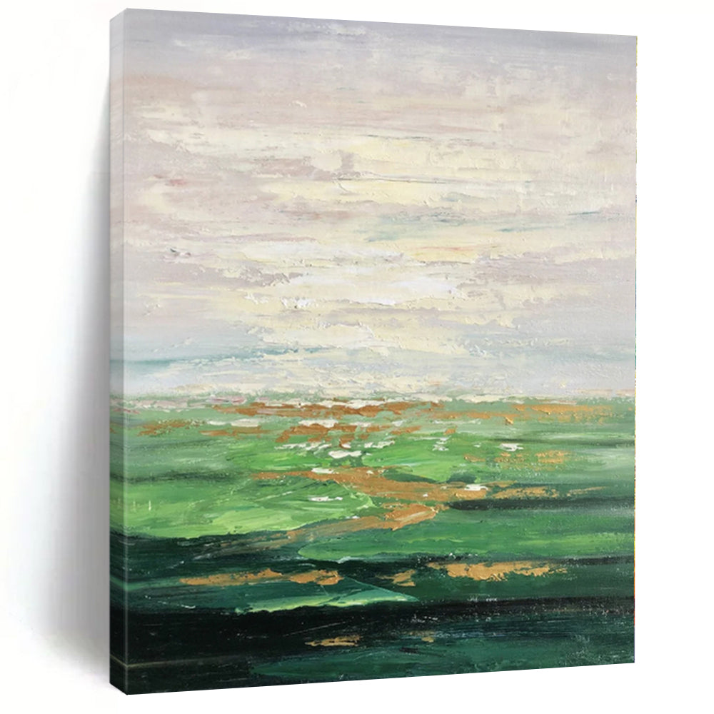 Hand-Painted Green and Gold Abstract Landscape Painting For Sale HS067