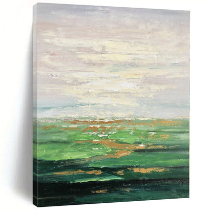 Hand-Painted Green and Gold Abstract Landscape Painting For Sale HS067