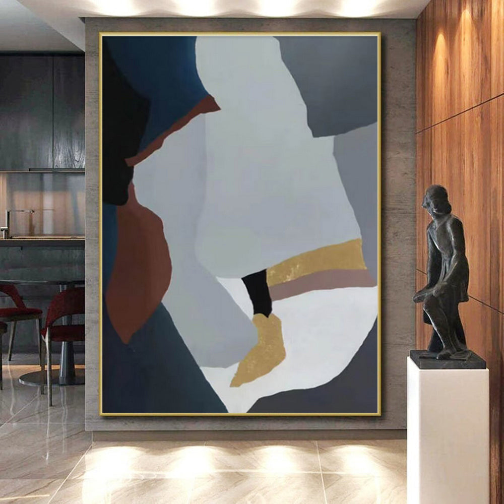 Hand Painted Art Blue, Gray & Gold Geometric Abstract, Acrylic Modern Art Paintings HS425