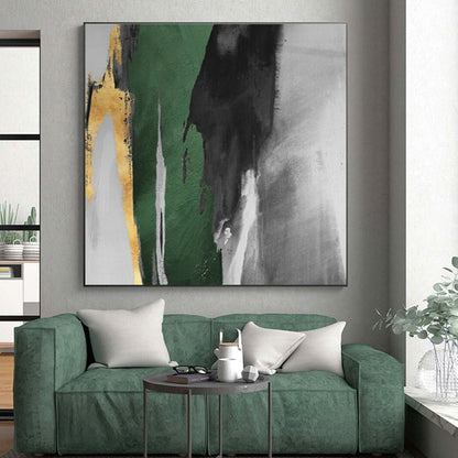 Handmade Art Oversized Abstract Wall Art with Green, Black, Gray, Gold Textured Brushstrokes - Acrylic Modern Art Painting HS536