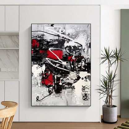 Hand-Painted Red, Black & White Gestural Abstract, Acrylic Modern Art Painting HS270