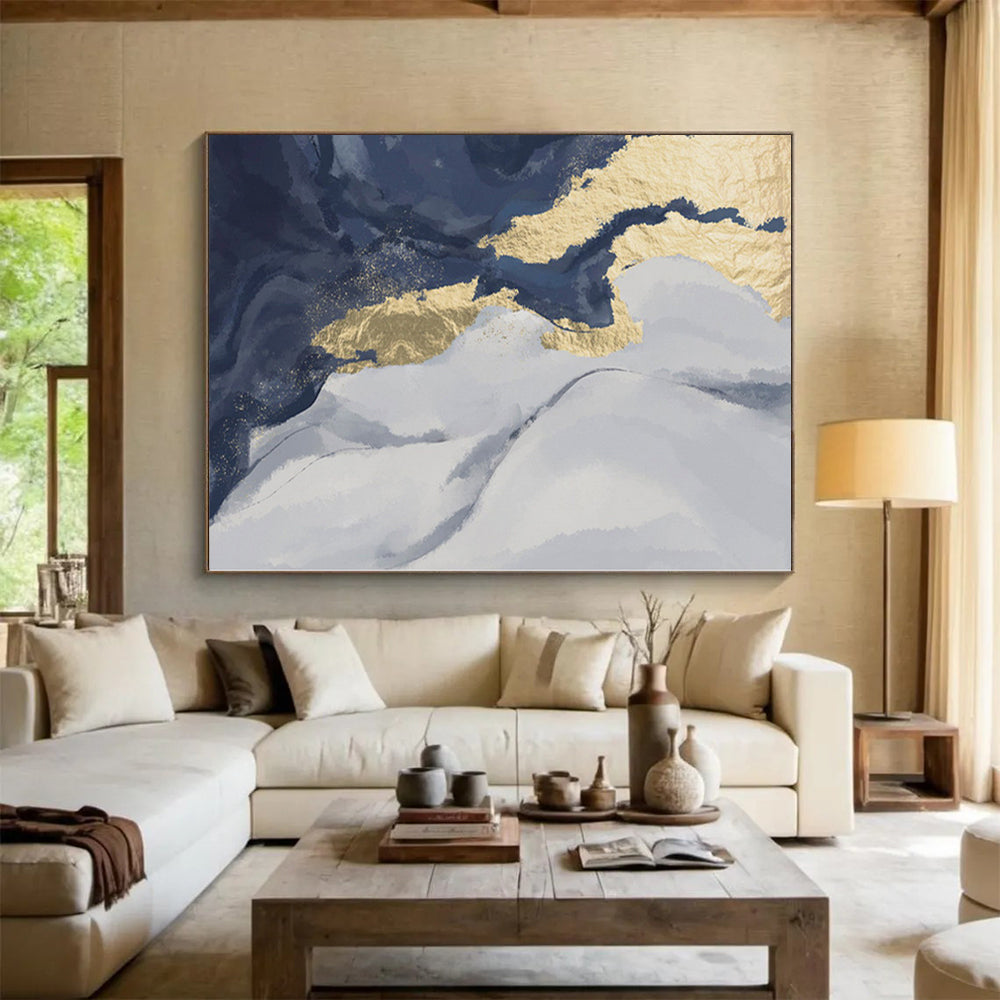 Gaint Canvas Art Blue, Gray, and Gold Abstract Marble Painting For Sale HS084