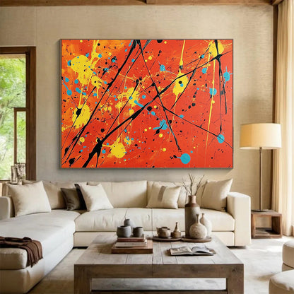 Big Size Orange, Yellow, Blue, and Black Splatter Abstract Art WB255