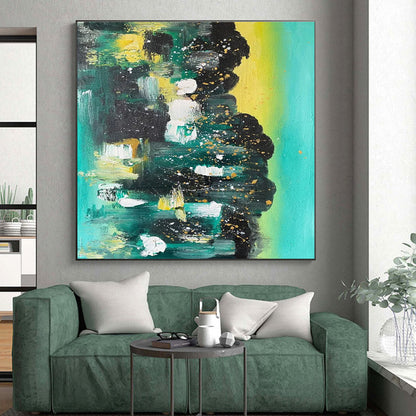 Handmade Art Teal, Black & Gold Speckled Abstract, Large Contemporary Wall Art HS212