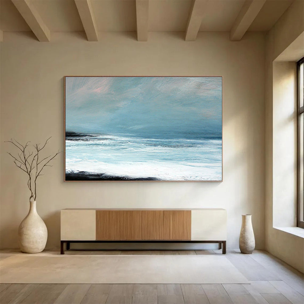 Horizontal Light Blue, White, and Black Abstract Coastal Waves, Abstract Oil Painting WB187