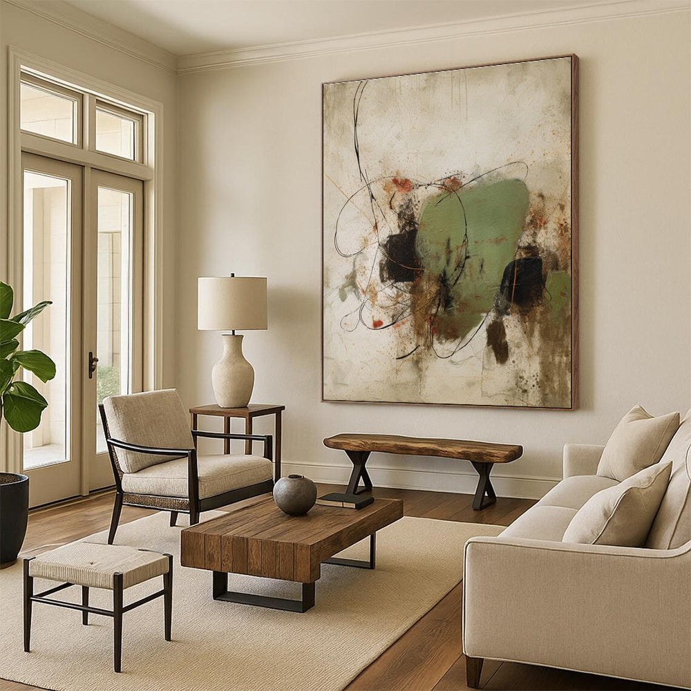 Gaint Canvas Art with Green, Black, Brown and Red Colors, Abstract Dynamic Theme HS500