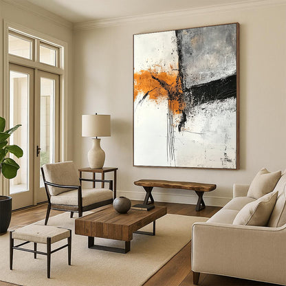 Hand-Painted Orange, Black, and White Abstract Expressive Painting For Sale HS111