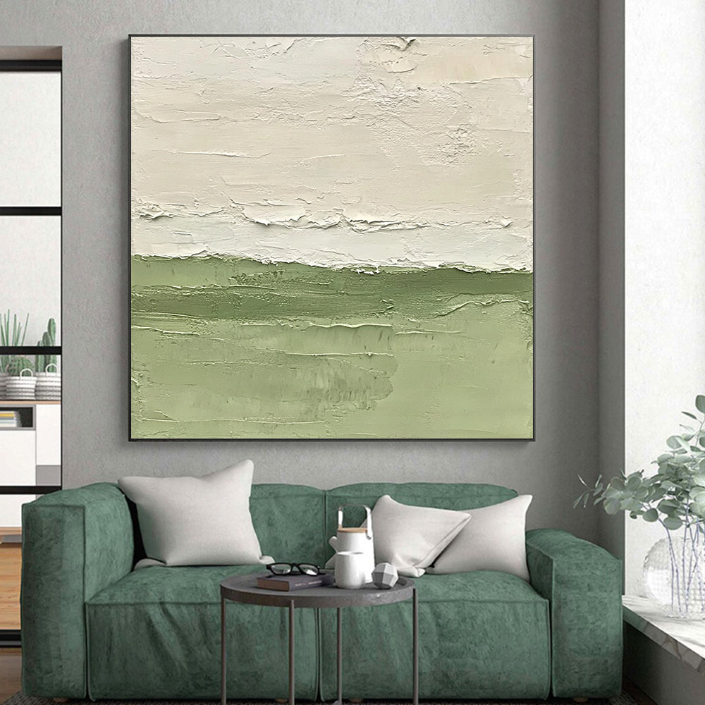 Hand Painting Green and White Textured Minimalist Abstract Art HS190