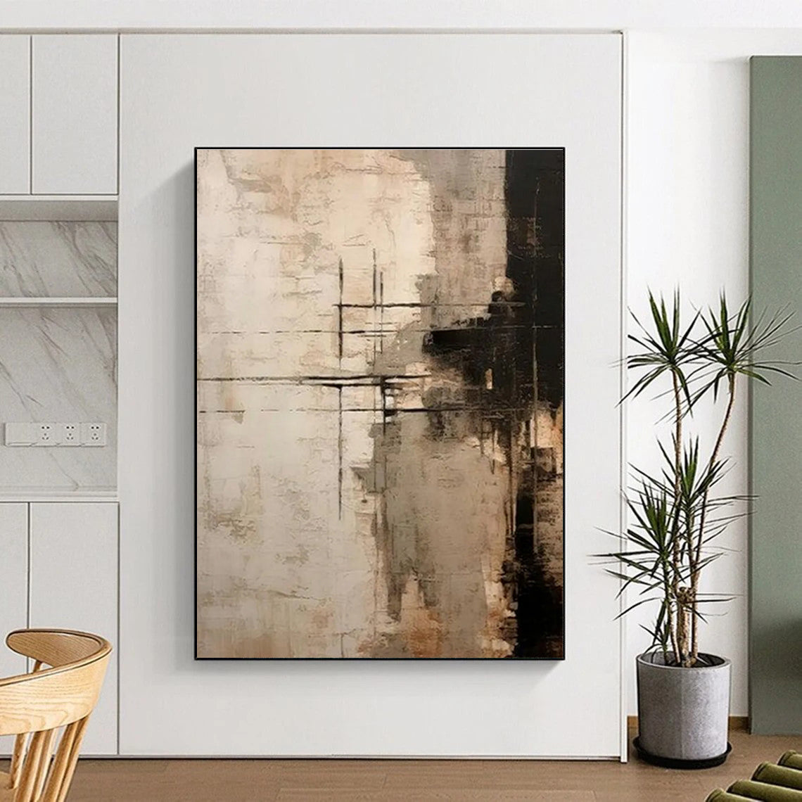 Hand Painted Art Beige & Black Abstract Geometric Composition HS373