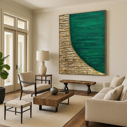 Hand-Painted Green and Gold Abstract Textured Shape Painting For Sale HS048