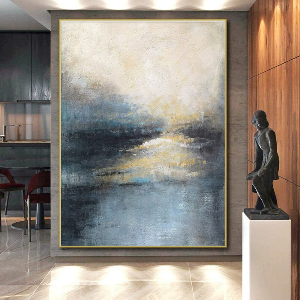 Modern Art Acrylic Blue, Gray, and Gold Textured Abstract Landscape HS713