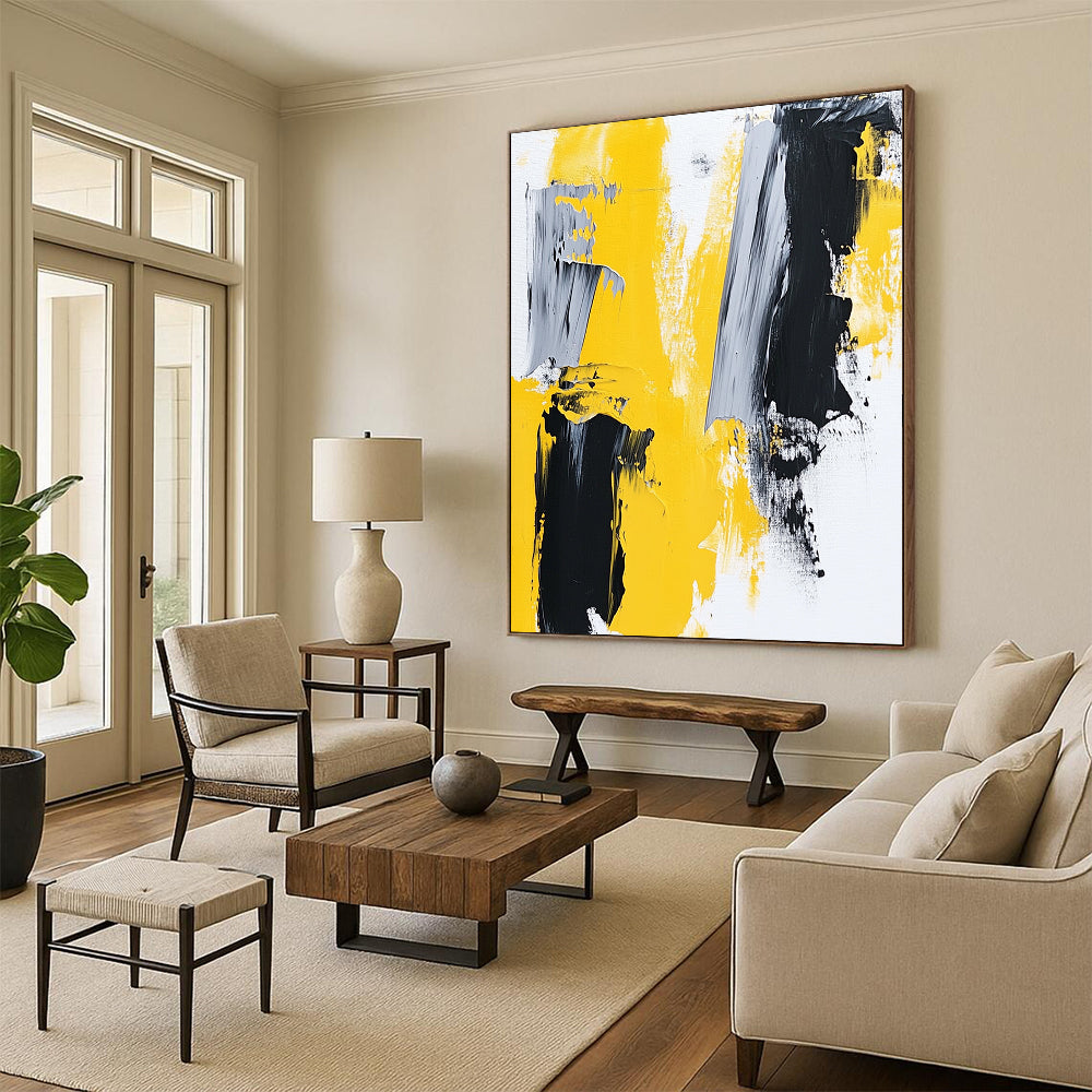 Large Size Yellow, Black, and Gray Abstract Expressive Painting For Sale HS134