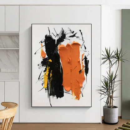 Handmade Art Unique Abstract Art with Black, Orange, Yellow Expressive Brushstrokes - Acrylic Modern Art Painting HS522