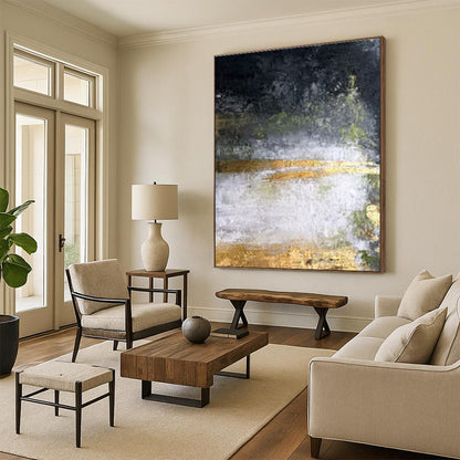 Unique Abstract Art Black, Gold, and Green Textured Abstract Art HS653