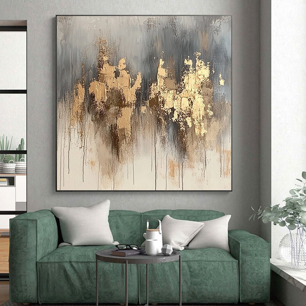 Hand Painted Art Gray and Gold Abstract Textured Painting For Sale HS170