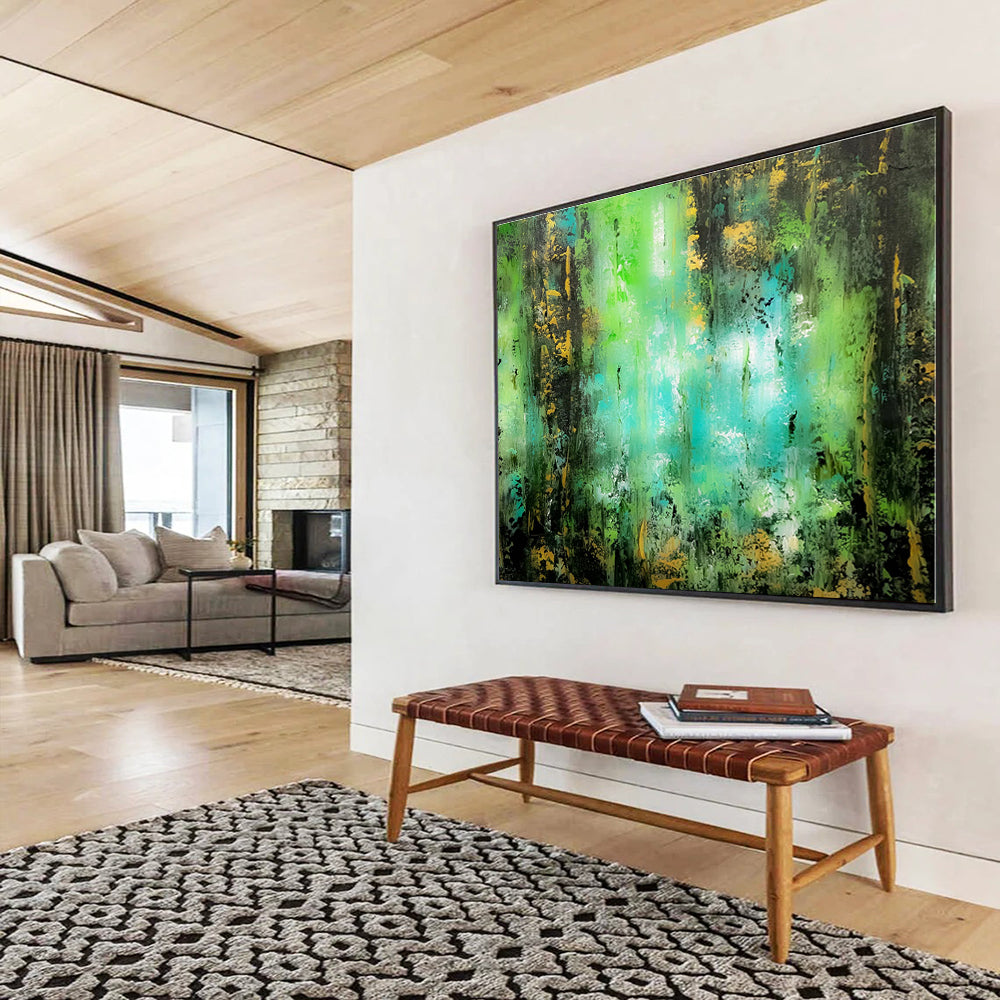 Horizontal Green and Turquoise Abstract Forest Scene, Abstract Acrylic Painting WB161