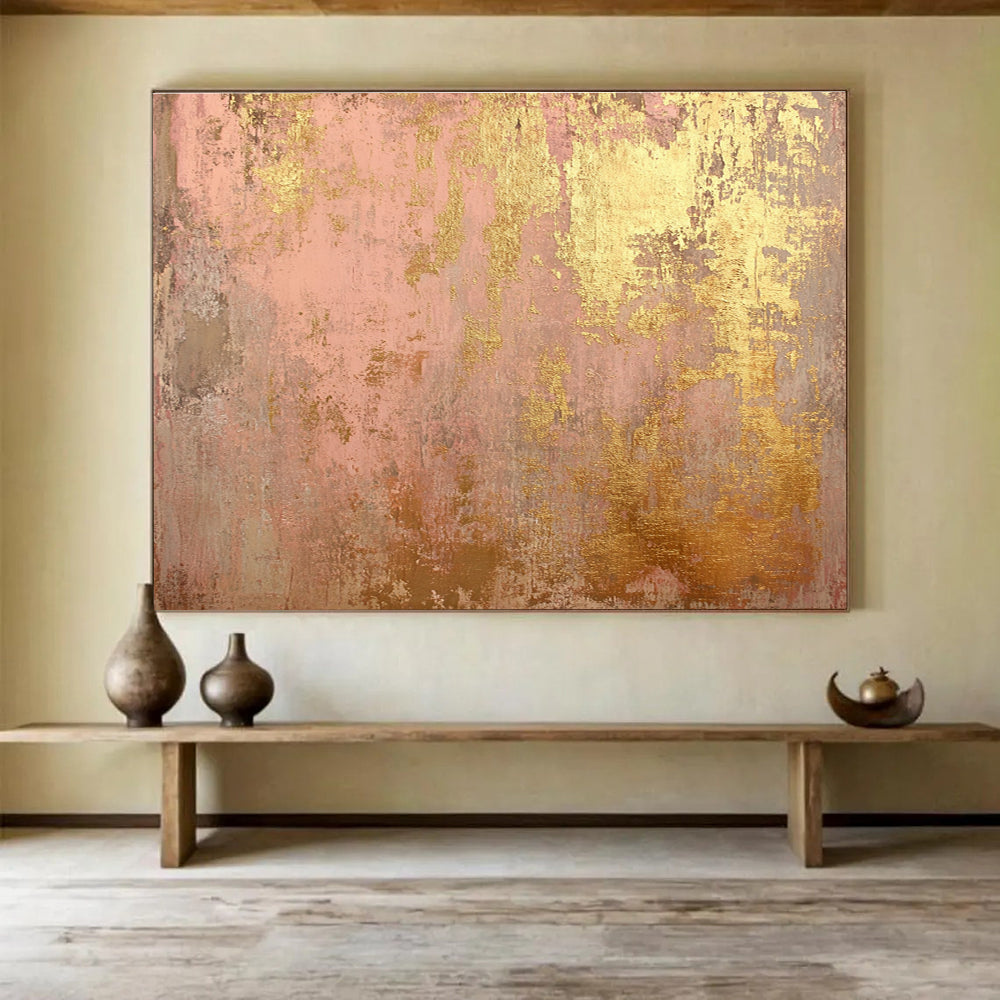 Oversized Canvas Art in Pink and Gold Textured Abstract Style WB245