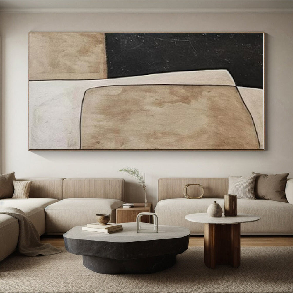 Handmade Art Black, Beige, and Brown Geometric Abstract Art HS685