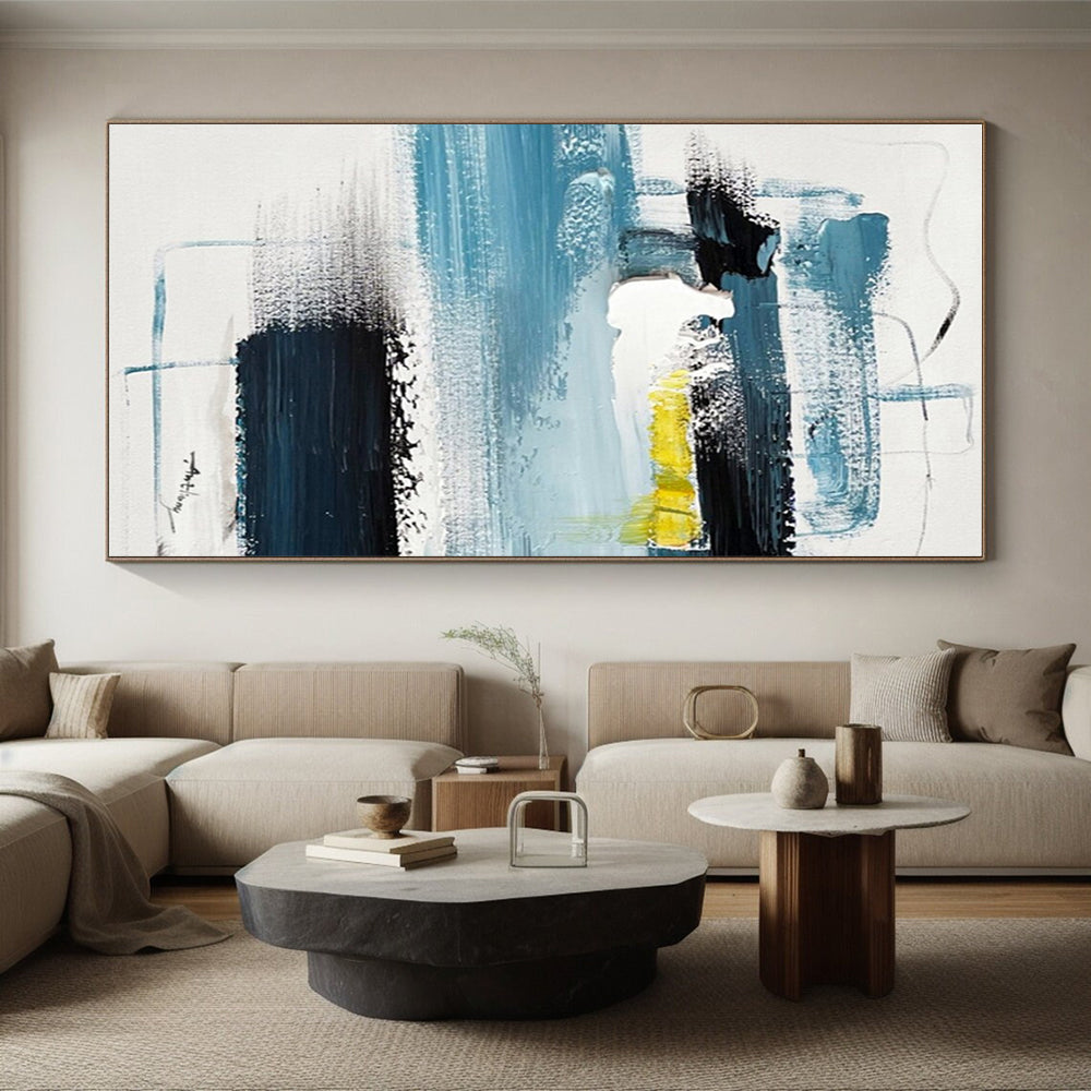 Modern Art Acrylic Blues, Black, White, and Yellow Abstract Composition HS586