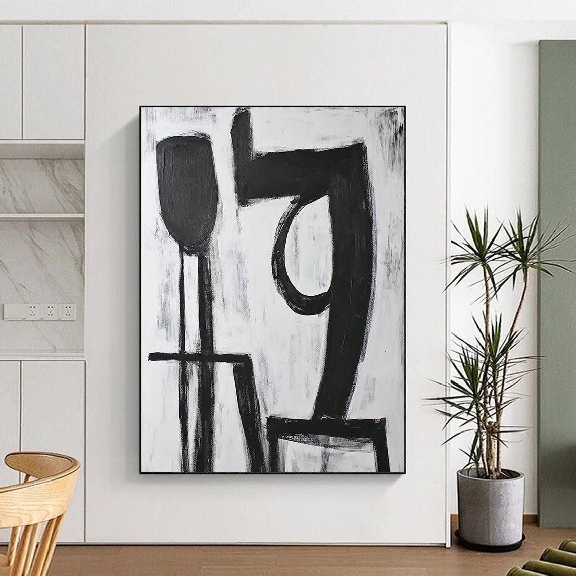 Hand-Painted Black and White Geometric Abstract Art HS194