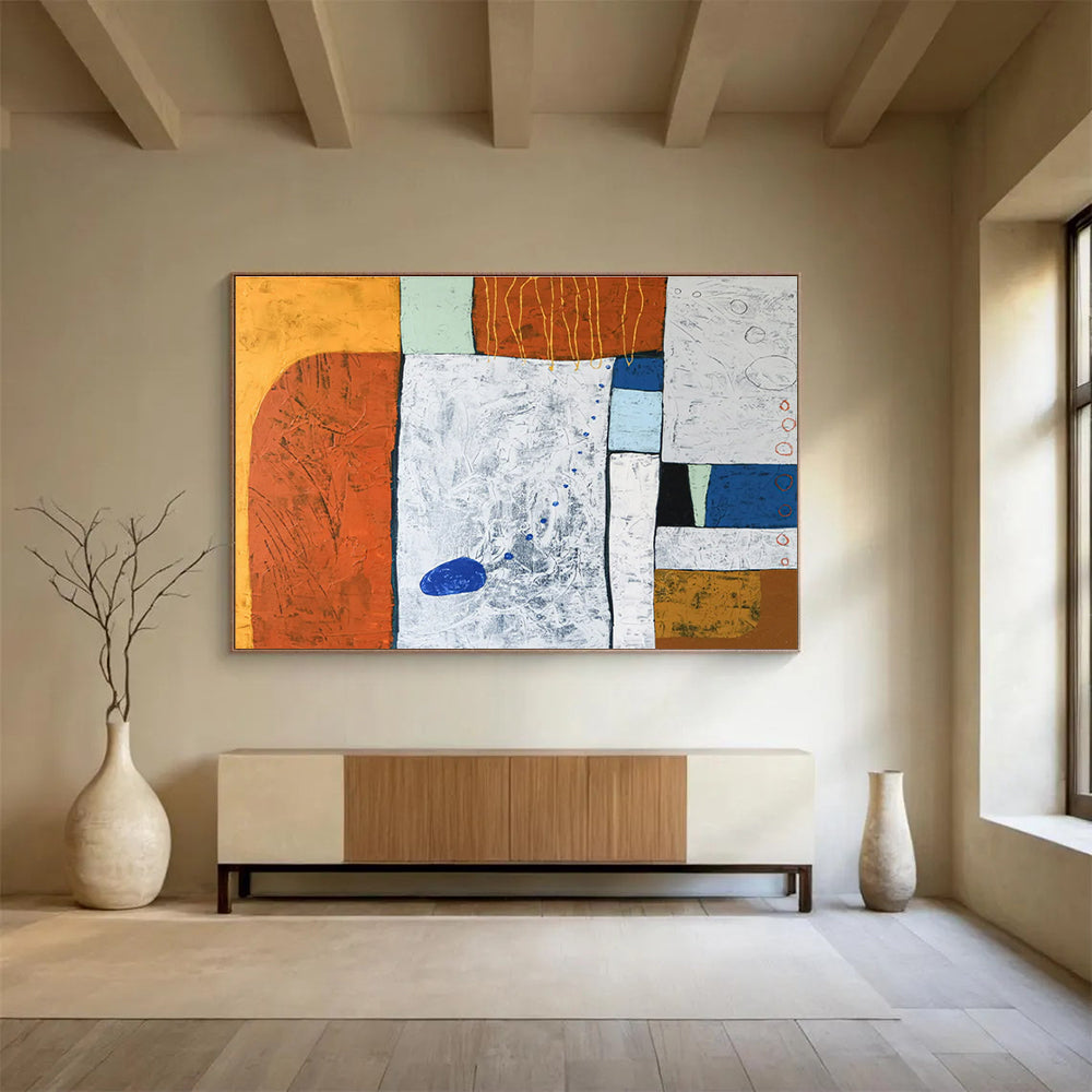 Orange, Blue, White Abstract Geometric Art For Sale WB414