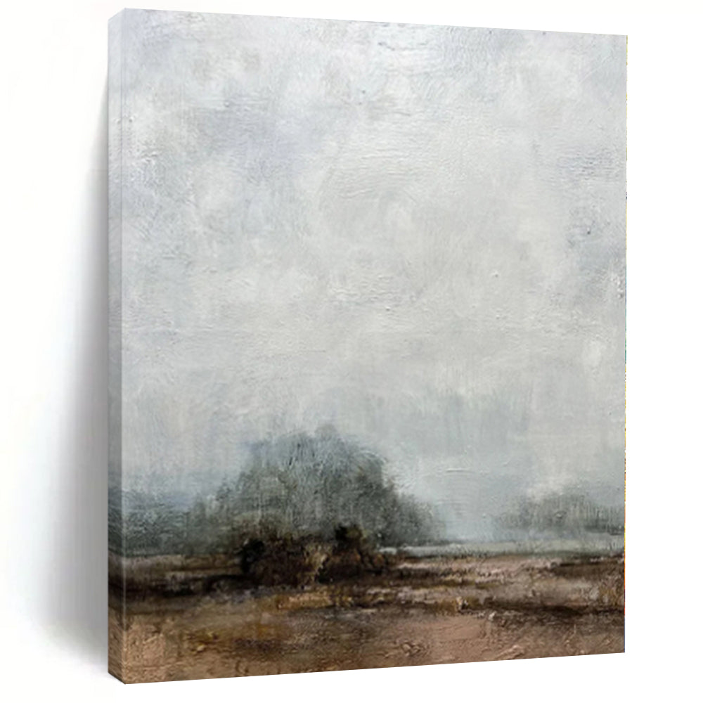 Hand-Painted Gray and Brown Abstract Misty Landscape Painting For Sale HS081
