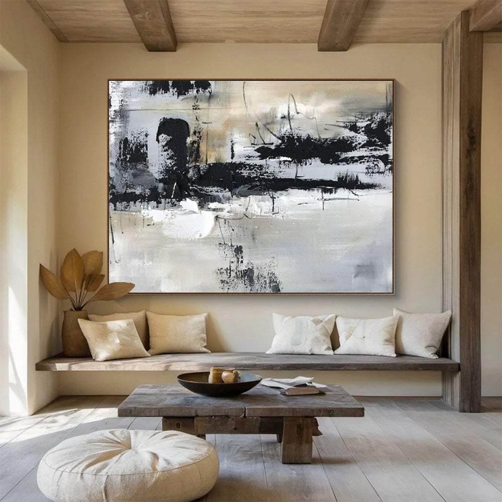 Hand Painted Art: Black White and Beige Textured Abstract Painting WB356