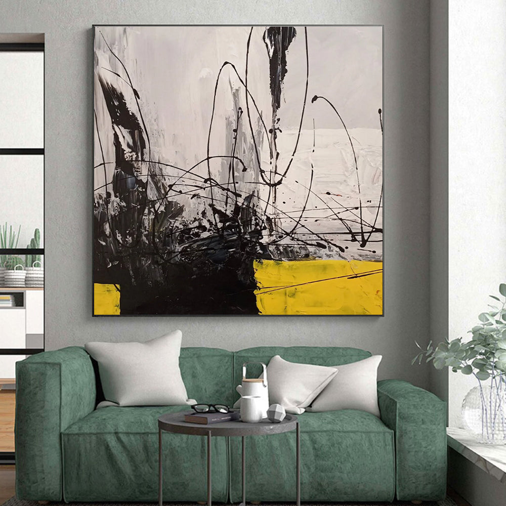 Hand-Painted Black, White & Yellow Gestural Abstract, Acrylic Modern Art Painting HS221