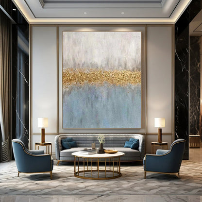 Blue, Gray, and Gold Abstract Color Block Painting For Sale WS508