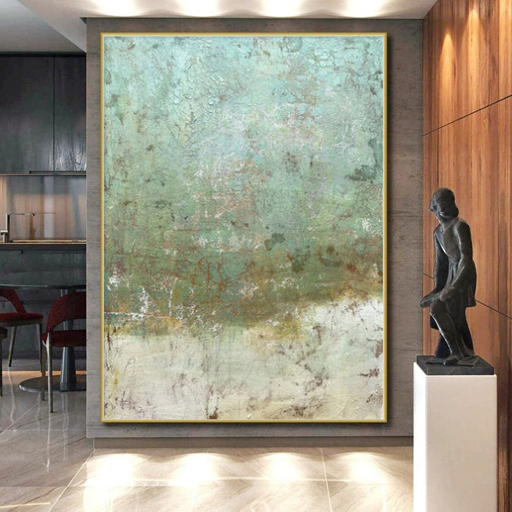 Hand-Painted Turquoise and Beige Abstract Textured Painting For Sale HS071