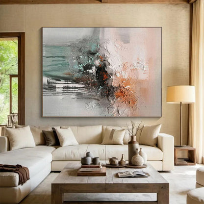 Unique Abstract Art Textured Neutrals with Orange and Teal Accents Abstract Art HS613
