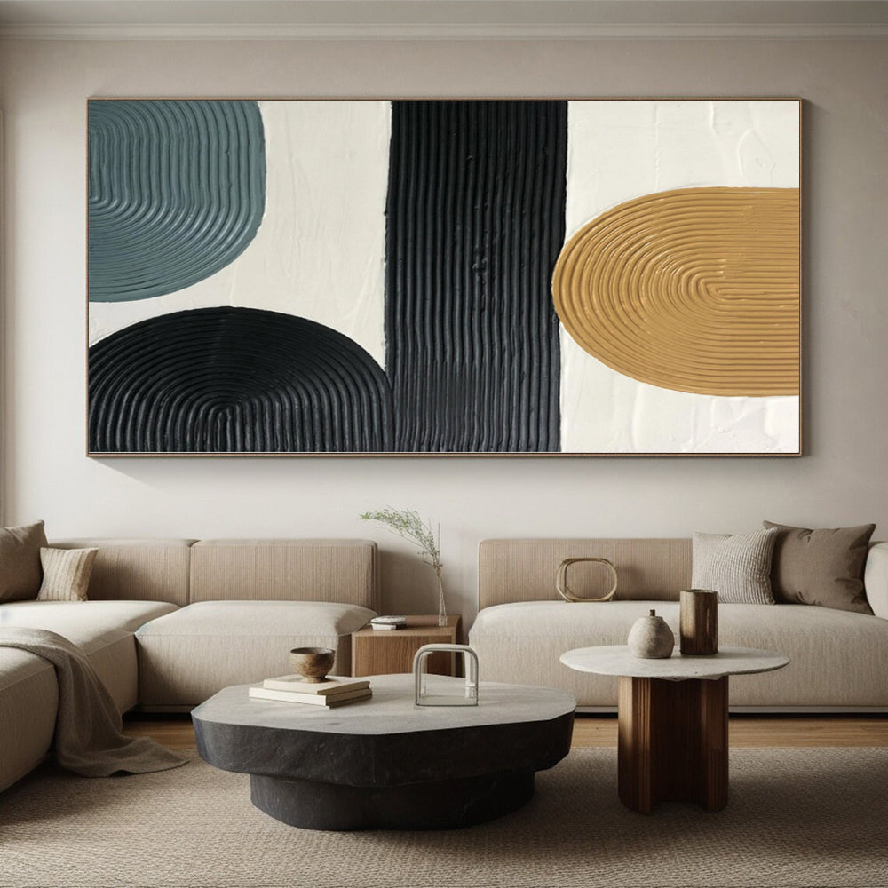 Hand-Painted Beige, Black, Gray, and White Abstract Curved Line Textured Painting For Sale HS037