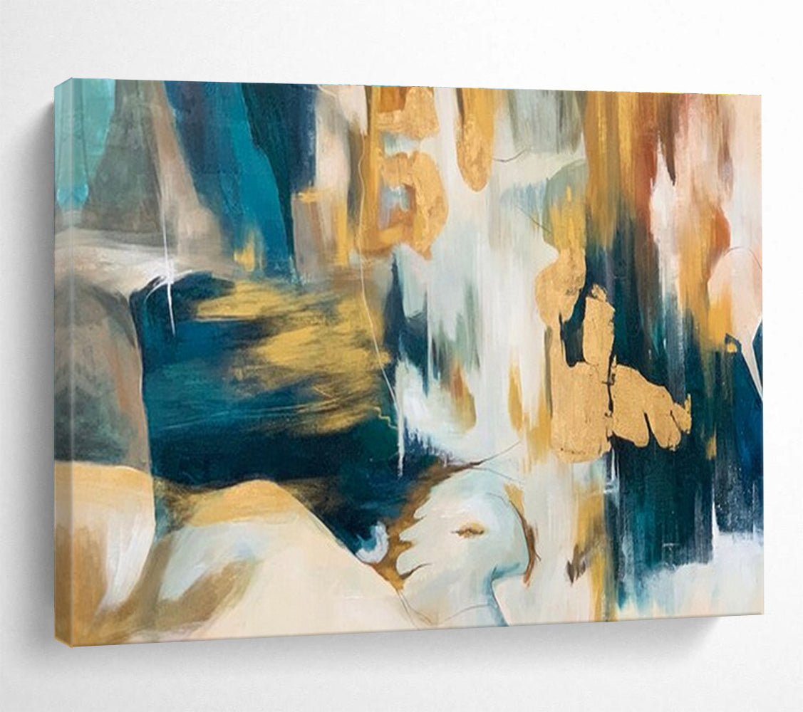 Teal, Gold, White Abstract Figurative-Inspired Art For Sale WB380