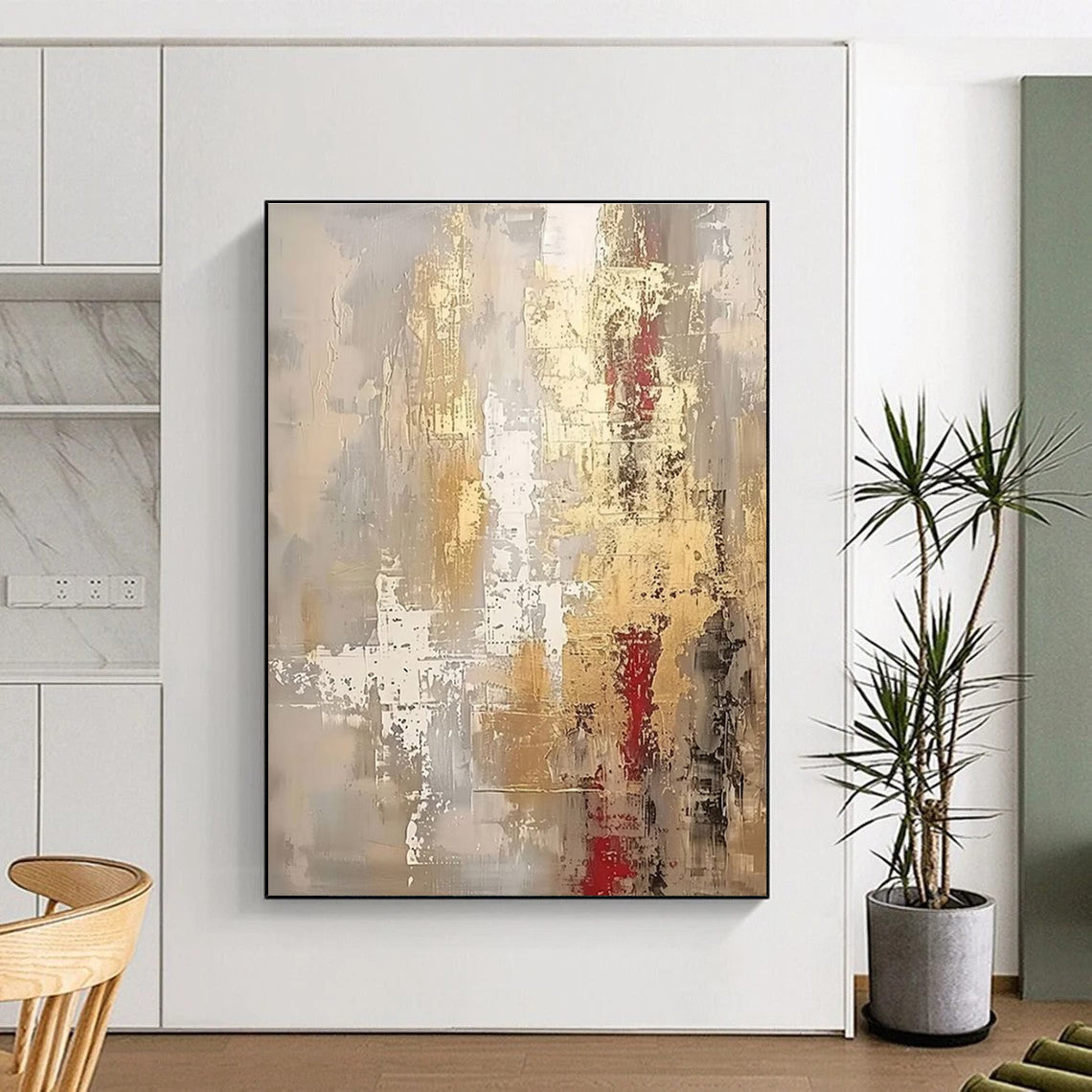 Hand Painted Art Gray, Gold, and Red Textured Abstract Art HS661