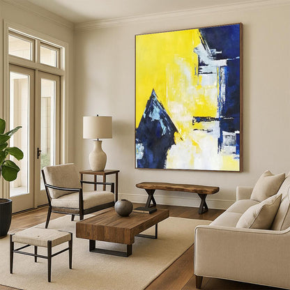 Cool Abstract Paintings Yellow, Blue, and White Geometric Abstract Painting On Canvas HS803