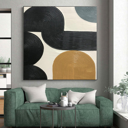 Hand-Painted Black, Beige, and Gray Abstract Curved Line Textured Painting For Sale HS038